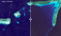 Ảnh vệ tinh chụp ngày 17/10 cho thấy hàng trăm tàu Trung Quốc đang hiện diện ở cụm Sinh Tồn Đông thuộc quần đảo Trường Sa của Việt Nam. (Ảnh: AMTI)