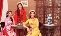 Khánh Vân, Kim Duyên, Thuý Vân diện áo dài &apos;đám cưới chuột&apos; trong bộ ảnh Tết