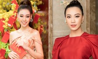 Khánh Vân khoe vai trần gợi cảm, Á hậu Kim Duyên mặc áo dài đỏ rực đầu năm mới