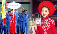 Cầm biển tên diễu hành SEA Games 31, diễn viên Hoàng Mai Anh được các VĐV Myanmar cổ vũ nhiệt tình