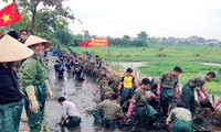 Bộ đội Đặc công tham gia giúp dân làm sạch kênh mương, cải tạo môi trường trên địa bàn huyện Thanh Trì, Hà Nội. Ảnh: Hồng Lương
