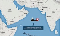 Bản đồ mô tả vị trí của con tàu chở hàng của Israel bị tên lửa Iran bắn trên Biển Ả Rập