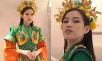 Hoa hậu Đỗ Thị Hà quyền lực trong trang phục nữ tướng của phần trình diễn múa ở Miss World