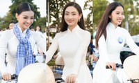 Hoa hậu Lương Thùy Linh, Kiều Loan đẹp tinh khôi như nữ sinh, đạp xe với áo dài trắng