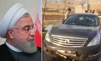 Ảnh trái: Tổng thống Iran Hassan Rouhani. Ảnh phải: Chiếc xe của ông Fakhrizadeh sau vụ tấn công. Ảnh: Reuters