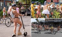Hàng trăm người khỏa thân đạp xe quanh thị trấn du lịch ven biển 