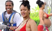 Bà bầu tỷ phú Rihanna diện bikini trễ nải đi chơi biển trước khi bạn trai bị bắt