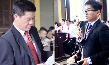 Đại diện Vinasun (trái) và đại diện Grab (phải) tại phiên tòa sơ thẩm. Ảnh: Tiền Phong