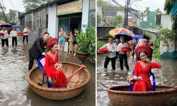 Đám cưới ngày mưa lũ, chú rể đón dâu bằng thuyền thúng