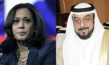 Phó Tổng thống Mỹ Kamala Harris (trái) dẫn đầu đoàn quan chức cấp cao sang viếng cố Tổng thống UAE Sheikh Khalifa bin Zayed Al Nahyan. (Ảnh: AP)