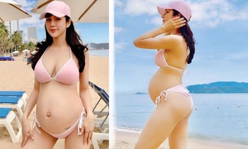 Ôm bụng bầu 5 tháng, Diệp Lâm Anh vẫn diện bikini khoe dáng nuột nà