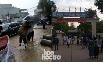 Hà Nội trời đổ mưa to, chiến sĩ công an và tình nguyện viên cõng thí sinh vào điểm thi
