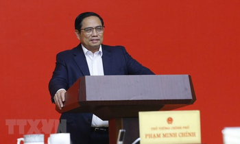 Quang cảnh buổi tiếp xúc cử tri thành phố Cần Thơ theo hình thức trực tuyến tại điểm cầu Văn phòng Chính phủ. (Ảnh: Văn Điệp/TTXVN)
