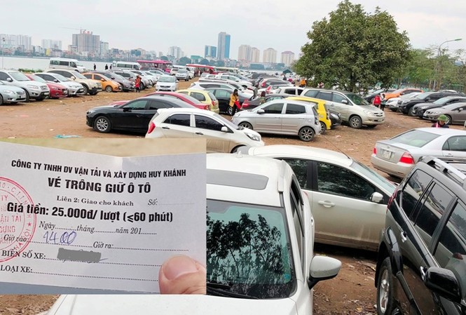 Vì sao quận Tây Hồ cấp phép cho bãi xe nhiều lần vi phạm? Tuy đã hạ xuống 25.000 đồng/lượt ô tô dưới 9 chỗ sau khi bị xử phạt, nhưng cuối tuần qua nhân viên bãi xe Cty Huy Khánh đã sử dụng vé tự in thế này để đưa cho khách.