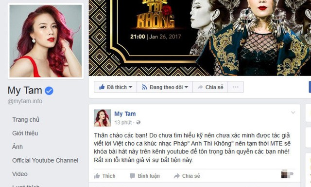 Mỹ Tâm thiếu trung thực với ca khúc Anh thì không Trang web Mỹ Tâm xin rút ca khúc Anh thì không.