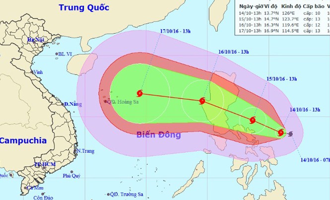 Xuất hiện bão giật cấp 12 gần biển Đông Vị trí và dự báo đường đi của cơn bão Sarika. Nguồn: Trung tâm dự báo khí tượng thủy văn Trung ương.