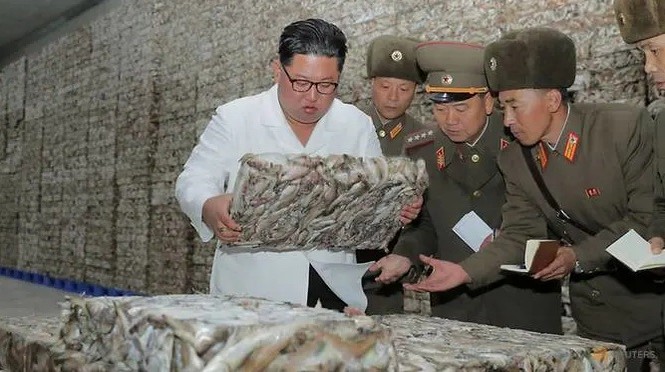 Triều Tiên tung loạt ảnh ông Kim thăm nhà máy cá Ông Kim Jong Un đang xem một tảng cá đông lạnh