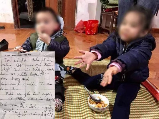 Hai bé bị bỏ rơi ở bờ đê giữa trời giá rét: Sợ hãi khi gặp người lạ Hai cháu bé cùng bức thư tìm thấy trên người. Ảnh CTV