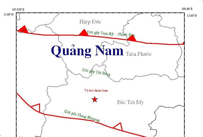 Động đất rung nhà ở Thủy điện Sông Tranh Sơ đồ trận động đất. Ảnh Viện vật lý địa cầu