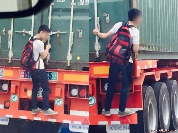 Nam sinh ‘thách đố’ tử thần, đánh đu trên xe tải Hình ảnh nam thanh niên đu xe đầu kéo để đi ké.