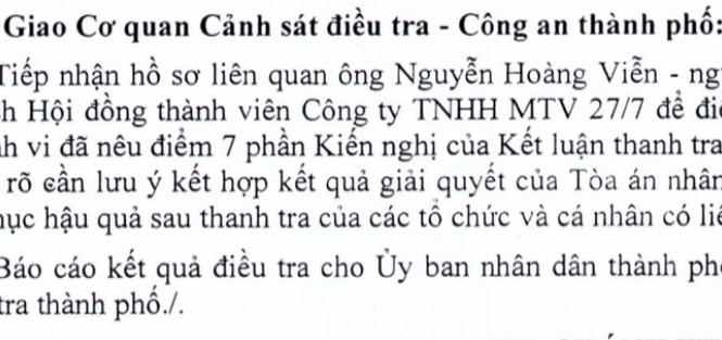 Chuyển hồ sơ cho Công an TPHCM điều tra nguyên giám đốc Công ty 27/7 Chuyển hồ sơ cho Công an TPHCM điều tra nguyên giám đốc Công ty 27/7