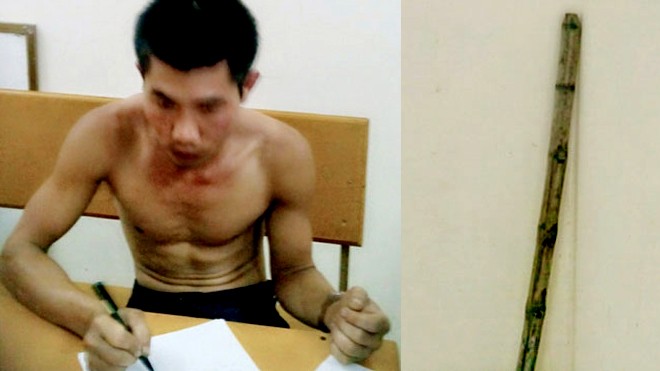Cháu tàn bạo dùng đòn gánh đánh chết bà nội Tên Nguyễn Đình Tứ tại cơ quan điều tra và chiếc đòn gánh mà Tứ dùng đánh chết bà nội