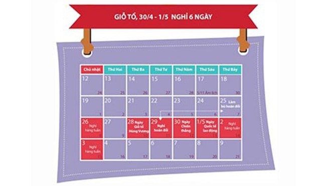 Lịch nghỉ Lễ 30/4, 1/5 và Giỗ tổ Hùng Vương 2015 Lịch nghỉ lễ 30 tháng 4/2015. Ảnh minh họa: Internet