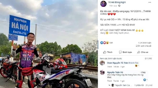 Phạt 'phượt thủ' chạy xe máy từ TP.HCM ra Hà Nội gần 20 tiếng T.H.Đ.A. đăng "thành tích" một mình chạy xe máy từ Sài Gòn ra Hà Nội 19 tiếng 45 phút - Ảnh: chụp lại từ Facebook Tô Hà Đông Nghi