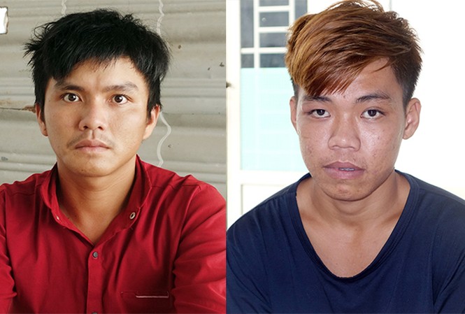 Bé gái bị 3 người xâm hại Sơn (trái) và Bảo tại cơ quan điều tra