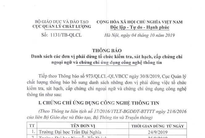 Thêm 6 trường ĐH phải dừng cấp chứng chỉ ngoại ngữ, tin học Thêm 6 trường ĐH phải dừng cấp chứng chỉ ngoại ngữ, tin học