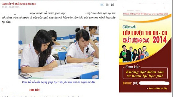Nở rộ trung tâm luyện thi “đảm bảo đậu” Một trung tâm luyện thi quảng cáo “cam kết không đạt điểm sàn hoàn lại học phí”.