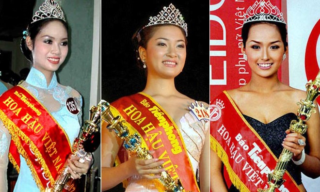 Những Hoa hậu làm rạng danh Việt Nam trên đấu trường quốc tế Từ trái sang: HHVN 2002 Phạm Mai Phương, HHVN 2004 Nguyễn Thị Huyền, HHVN 2006 Mai Phương Thúy.