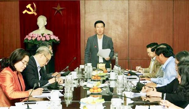 Triển khai các hoạt động kỷ niệm 90 năm Ngày thành lập Đảng Cộng sản Việt Nam Đồng chí Võ Văn Thưởng phát biểu kết luận buổi làm việc. Ảnh: TTXVN
