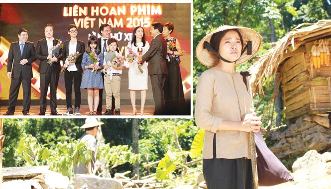 Liên hoan phim lần thứ 19: Dấu ấn của sự trẻ trung Nữ diễn viên chính xuất sắc Đỗ Thúy Hằng - Phim “Những đứa con của làng” và phim “Cuộc đời của Yến” (ảnh lớn); Đoàn làm phim “Tôi thấy hoa vàng trên cỏ xanh” nhận giải Bông sen vàng (ảnh nhỏ).