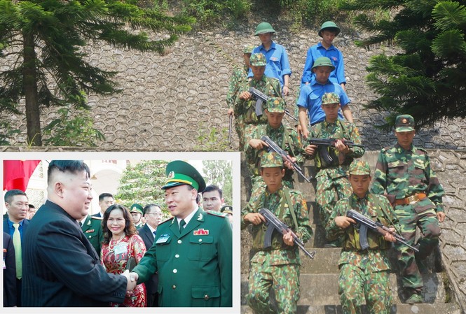 'Bức tường thép' trên biên giới Lãnh đạo BĐBP Lạng Sơn tiễn Chủ tịch Triều Tiên Kim Jong Un về nước tại ga Đồng Đăng, tháng 3/2019 (ảnh nhỏ); Cán bộ, chiến sĩ Đồn Biên phòng CKQT Hữu Nghị và ĐVTN địa phương tuần tra bảo vệ đường biên, mốc giới (ảnh lớn). Ảnh: PV