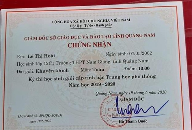 Nữ sinh viên ăn mỳ tôm 5 ngày/tuần để được đi học Thành tích thi học sinh giỏi toàn tỉnh của em Hoài