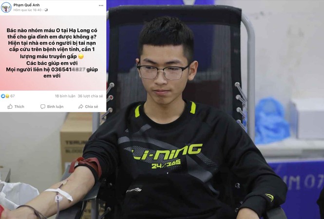Những thanh niên luôn sẵn sàng hiến máu Bùi Quang Hưng đọc được tin trên Facebook đã đến bệnh viện hiến máu giúp người bị nạn qua cơn nguy kịch. Ảnh lớn: Hưng tham gia hiến máu ở trường. Ảnh: NVCC