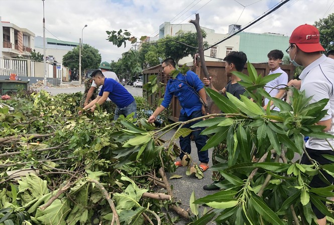 Cùng người dân dọn hậu quả bão gây ra “Tổ phản ứng nhanh” hỗ trợ người dân khắc phục hậu quả sau bão số 9. Ảnh: Giang Thanh