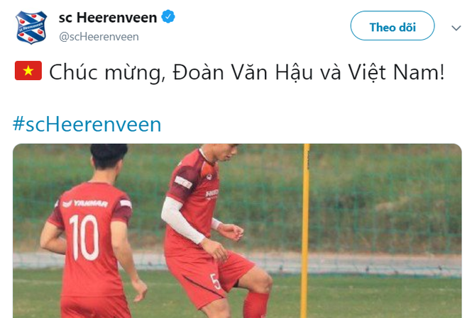CLB Hà Lan chúc mừng Đoàn Văn Hậu và tuyển Việt Nam SC Heerenveen chúc mừng Đoàn Văn Hậu và đội tuyển Việt Nam.