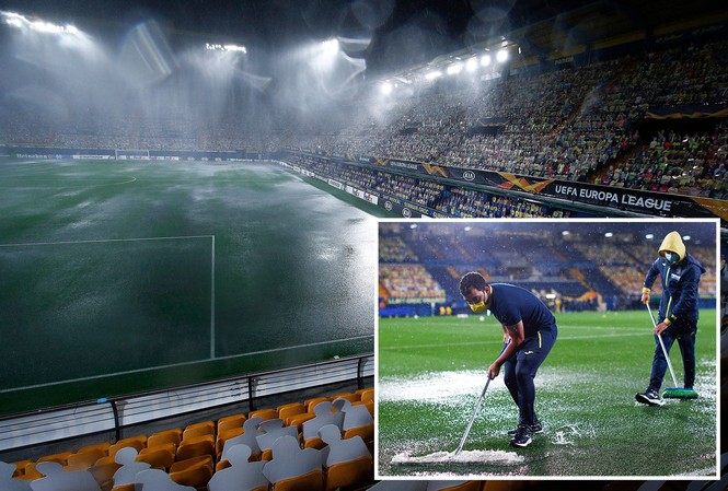 Trận đấu của Villarreal suýt bị hoãn vì sân vận động hoá thành sông SVĐ của Villarreal ngập sũng nước
