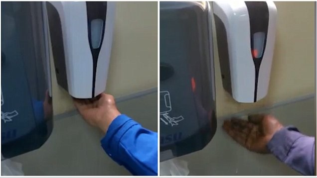 Bình xịt xà phòng 'phân biệt chủng tộc' gây tranh cãi Hai bàn tay của người da trắng và người da màu cùng đặt dưới bình xịt tự động nhưng chỉ một người nhận được xà phòng nhả ra (Ảnh: Dailymail)