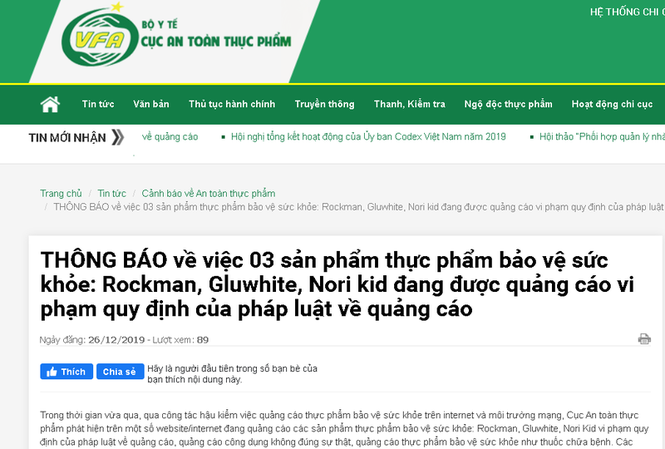 Khuyến cáo người tiêu dùng về 3 sản phẩm: Rockman, Gluwhite, Nori Kid Khuyến cáo người tiêu dùng về 3 sản phẩm: Rockman, Gluwhite, Nori Kid