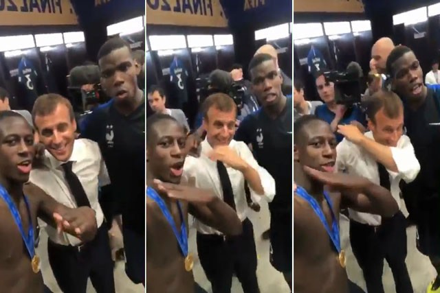 Tuyển thủ Pháp dạy Tổng thống Macron điệu nhảy ăn mừng Benjamin Mendy và Paul Pogba dạy Tổng thống Macron nhảy "dab" ăn mừng chiến thắng.