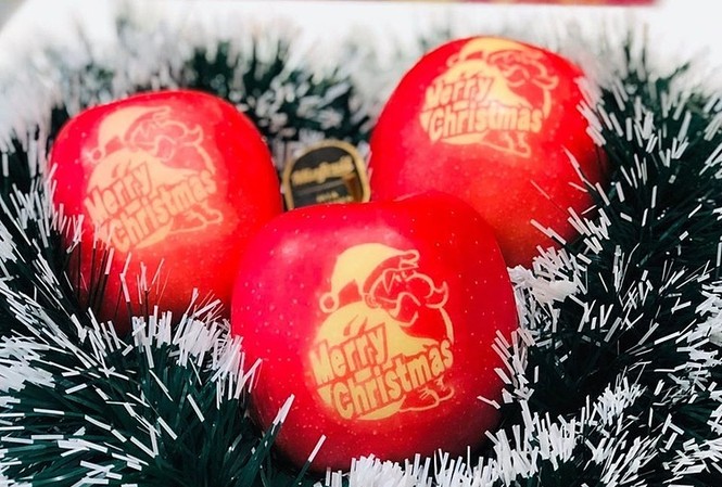 Nửa triệu đồng trái táo in hình ông già Noel Táo tại cửa hàng trái cây nhập khẩu ở TP HCM. Ảnh: Mia Fruit.