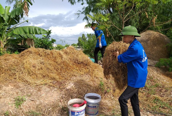 Thách thức để thay đổi: 'Hóa phép' cho rơm rạ Vũ Trung Kiên và đồng đội tiến hành ủ rơm rạ, biến chúng thành sản phẩm hữu ích.