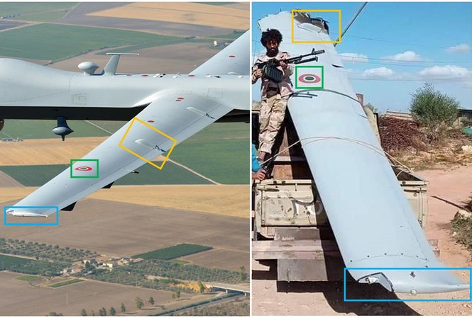 Nghi vấn máy bay không người lái Ý bị bắn rơi ở Libya Hình ảnh chứng minh chiếc UAV rơi ở Libya khả năng cao là UAV của Ý. Ảnh: Twitter
