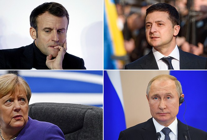 Hôm nay, Tổng thống Nga - Ukraine lần đầu gặp mặt tại Paris Tổng thống Pháp Emmanuel Macron, Tổng thống Ukraine Volodymyr Zelensky, Thủ tướng Đức Angela Merkel và Tổng thống Nga Vladimir Putin. Ảnh: RT