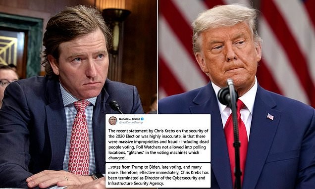 Nói 'bầu cử 2020 an toàn nhất lịch sử', quan chức an ninh bị ông Trump sa thải Ông Chris Krebs (ảnh trái), ông Donald Trump (ảnh phải) và dòng Tweet mới nhất của Tổng thống (ảnh giữa).