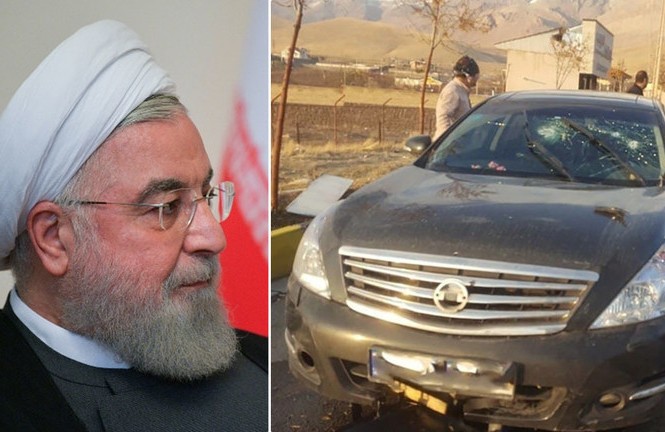 Tehran tố 'lính đánh thuê Israel' ám sát chuyên gia hạt nhân hàng đầu Iran Ảnh trái: Tổng thống Iran Hassan Rouhani. Ảnh phải: Chiếc xe của ông Fakhrizadeh sau vụ tấn công. Ảnh: Reuters