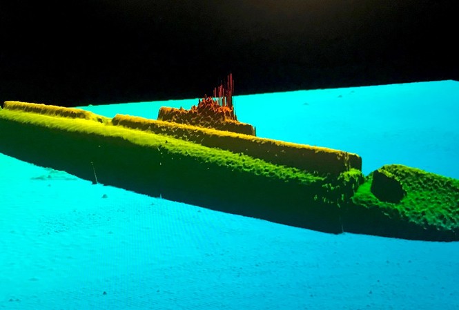 Tìm thấy tàu ngầm mất tích sau 75 năm Hình ảnh sonar của tàu ngầm USS Grayback ở độ sâu 427m. Ảnh: Tim Taylor.